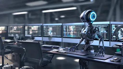 Prompt: a robot working with multiple monitors