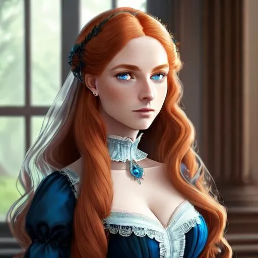 Prompt: beautiful Victorian woman with long strawberry blonde hair and light blue eyes wearing a dark blue gown,facial closeup