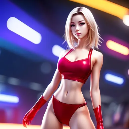 Prompt: 4k high resolution cgi anime modern style, full body display, eastern european female, defined large muscles, short blonde hair, skimpy clothing
