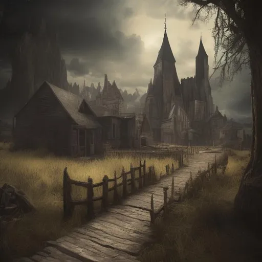 Prompt: dark gothic creepy fantasy town landscape