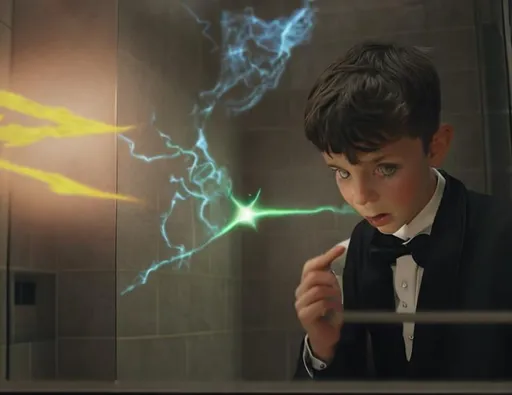 Prompt: 13 year old boy in a tuxedo casting a crazy magic spell from the outside of a bathroom stall with his magic wand, but the spell he cast happens on the inside of the bathroom stall because he cast the spell on the person inside who is warring a T shirt 