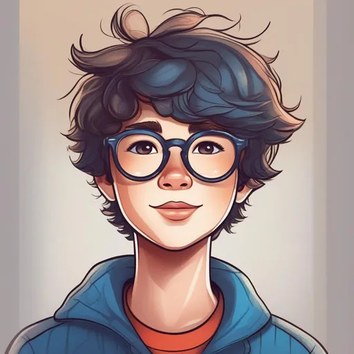 Prompt: draw a close up cartoon illustration of a  boy with glasses and comma hair
