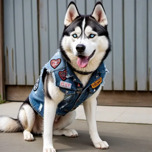 Prompt: husky wearing a heavy metal music denim vest with patches 