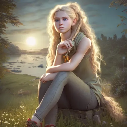 Prompt: a photo realistic image of a 16 year old girl in a cottage core style who is sitting on a hill holding a scull she has long blond hair styled into a bun