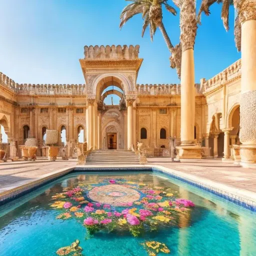 Prompt: Summer court from court of Thornes and roses with a Majestic palace hitten by the sun facing the Sea in arabic and Roman  architecture  