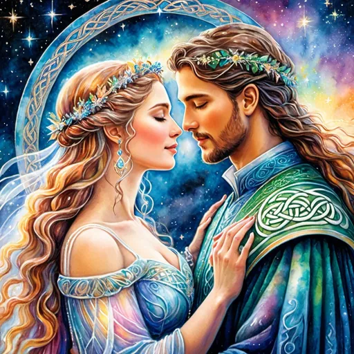 Prompt:  Celtic traditional handfasting ceremony, celestial, lovers, Josephine Wall Art, Figurative watercolor of a beautiful couple marry, Star Being composed of starlight, dreamy and ethereal, hopeful, high res, watercolor, ethereal, alignment, celestial, dreamy, figurative, starlight being, beautiful woman, graceful, soft cosmic color palette, flowing gown, detailed facial features, luminous and radiant aura, celestial backdrop, delicate brushstrokes, professional, soft lighting