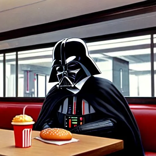 Prompt: can you make a photorealistic darth vader ordering a hamburger in a 1960 mcdonalds sitting next 5 storm troopers