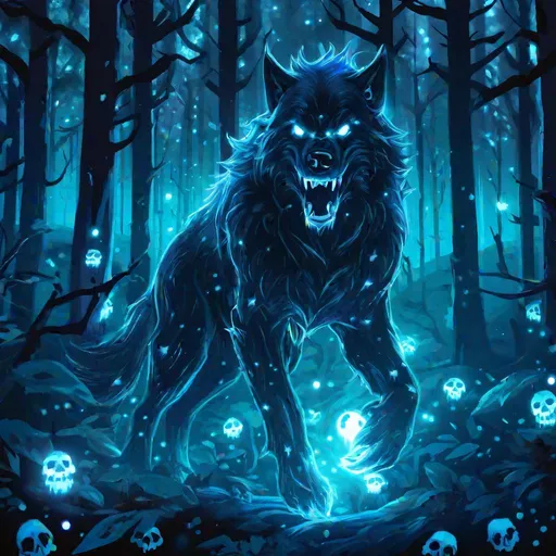 Prompt: A fantasy translucent werwolf that is glowing, in a forest surrounded by skulls, beneath the stars, bioluminescent, highres, best quality, concept art