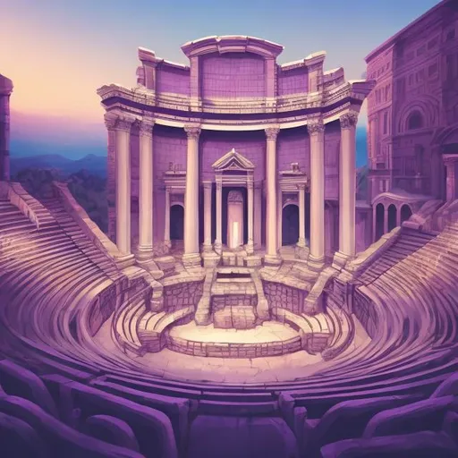 Prompt: roman theater, lilac, light blue, fantastic, aesthetic, anime