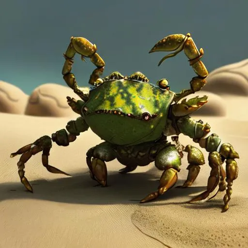 Prompt:  Metal shell crab character with two telescopic yellow eyes and iron tongs and face of toad and tank body, Zahara, clouse-up,
 hyperrealistic, photorealistic, ultra-detailed, intricate details, unreal engine, octane render, bioma of sand, cavern in the sand   and amazing landscape ,rocks and gigant green fern, 4k. A vine covered tutor in the style of alexander jansson and gediminas pranckevicius mystical, magical, bloosom, volumetric lighting.