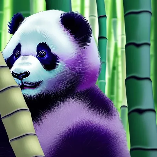 Prompt: A purple and blue baby panda in the bamboo forest, cyberpunk  style, 4k