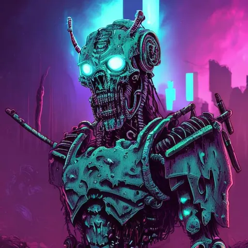 Prompt: Synthwave draugr. Viking robot undead warrior. Norse Cybernetic Zombie Fighter.