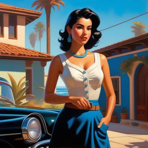 Prompt: Third person, gameplay, Mexican-American girl, olive skin, black hair, brown eyes, 1950s, San Diego, sunny hot weather, blue atmosphere, cartoony style, extremely detailed painting by Greg Rutkowski and by Henry Justice Ford and by Steve Henderson 

