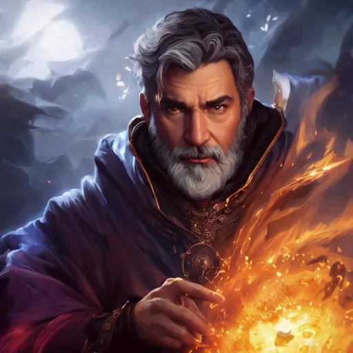 Prompt: fantasy portrait of middle-aged fantasy man mage, with greying brown hair, short beard, wearing navy coloured robes with runes on them, 8k resolution concept art portrait by Greg Rutkowski, Artgerm, WLOP, Alphonse Mucha dynamic lighting hyperdetailed intricately detailed Splash art trending on Artstation triadic colors Unreal Engine 5 volumetric lighting