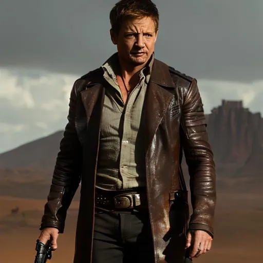 Prompt: {Jeremy renner} as {Roland Deschain}, The Dark Tower, male face, full body, Highly detailed, bright lighting, vivid colors, 8k resolution. perfect composition, hyperrealistic, super detailed, 8k, high quality, trending art, trending on artstation, sharp focus, studio photo, intricate details