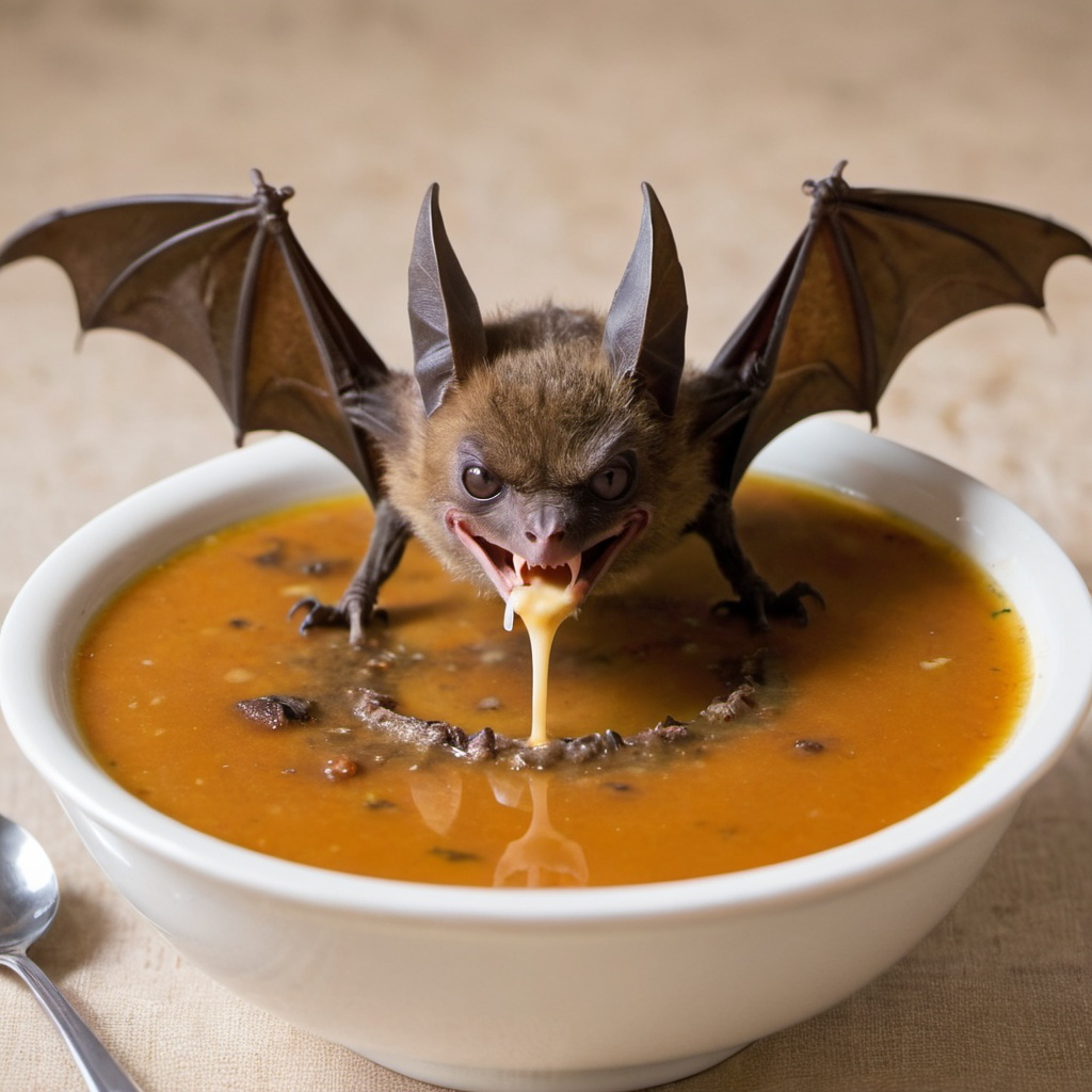 A bat eating soup