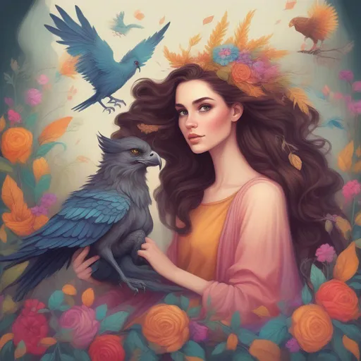 Prompt: A colourful and beautiful Persephone, brunette hair and with her hair being made out of magic, with her pet Griffon in a painted style