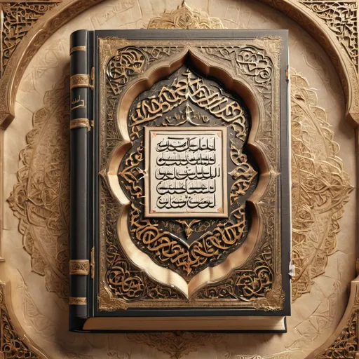 Prompt: 3D rendering of the Quran book, intricate Arabic calligraphy, soft lighting, high quality, realistic, traditional, golden hues, spiritual ambiance, ornate design, tranquil atmosphere, embossed cover, delicate pages, symbolic, sacred, spiritual, close-up detail, peaceful vibes, detailed textures