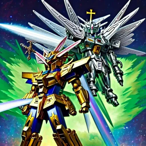 Prompt:  highly detailed godly supreme gundam with supreme sword and pegasus in the back beaming enemy, earth apocalypse, rhads, beeple, alphonse mucha, symmetric cross, clever global illumination, highly detailed and intricate environment, explosion of crystals, big cross symbol, luscious green forest ,  CHURCH background crystals, madhouse studio.