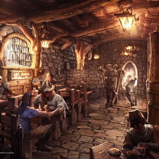 Prompt: a medieval tavern, beautiful, detailed, realistic detailed patrons, dark, concept art illustration, color page, tone mapping, adventurers drinking, volumetric lighting, sunbeams, particles, elf making shoes