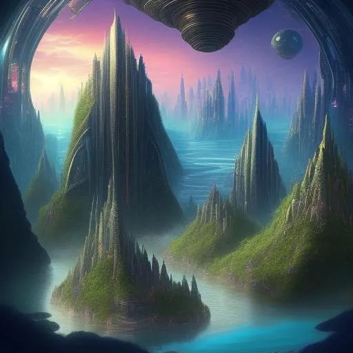Prompt: four cosmic fantasy floating islands with cyberpunk citys, kingdoms and castles, rivers, lakes, floating in cosmos, cinematic, insanely detailed, awe-inspiring, sharpness, 32k,

Kingdom on another planet, imposing, wonderful, sci-fi, exuberant, by Thomas Kinkade, rainforest native, spaceship, 

magical spiral city on top of fantastic mountain, towers and bridges, organic shapes, ornate, clouds, sunlight, Philippe druillet, HD, honeycomb catacombs, realistic