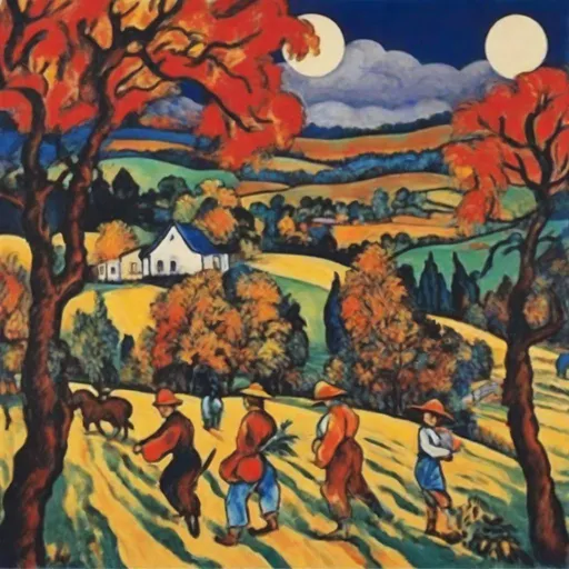 Prompt: harvest moon festival, vibrant colors, inspired by expressionist artist O Pyotr Konchalovsky, Lithograph