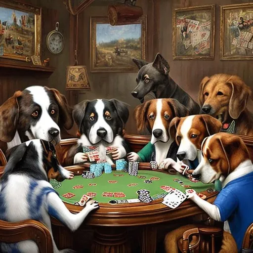 Prompt: Dogs playing poker 