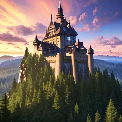 Prompt: Medieval castle on top of a gigantic redwood, watchtowers, high in the sky, sunset, clouds, high above other trees, Azulejo, ultrarealistic, world masterpiece, rule of thirds, hyperrealistic, super detailed, HDR, 8k, high quality, trending on artstation, pixv, by Tony Sart, by Anato Finnstark, unreal engine 5 