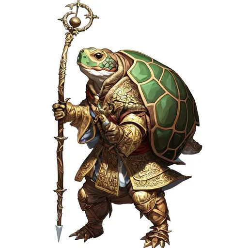 Prompt: wise old tortle cleric holding a powerful magic staff