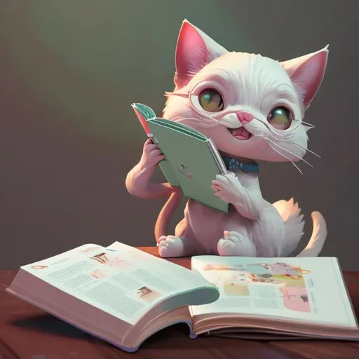 Prompt: a cat sitting on a table , Reading book , soft smooth lighting, soft pastel colors, skottie young, 3d blender render, poly count, moduler constructivism, pop surrealism, physically based rendering, square image