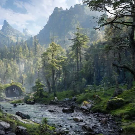 Prompt: beautiful fantasy landscape, photorealistic, high resolution, high quality, mountains, river, high fantasy, magical, vivid, magical forest, lush, exotic, apex, summit, god