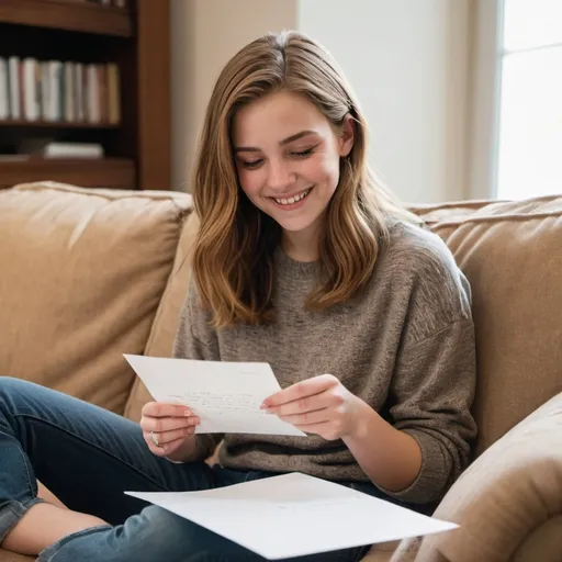 Prompt: an 18 year white American female, with light brown hair, smiling, dressed in trendy and stylish clothing, sitting on her living room sofa, reading a handwritten letter she received from her uncle. Hide her hands.