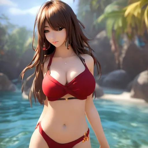 Prompt: Full body picture of anime woman in bikini with size e cup chest