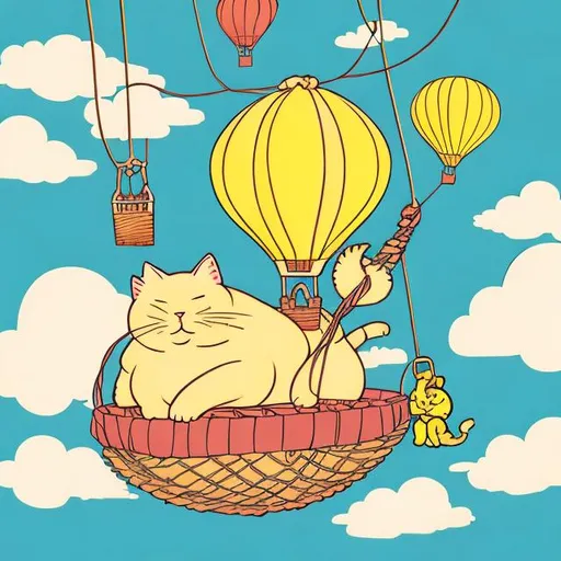 Prompt: fat yellow cat hanging on ropes, under a huge hot air balloon, illustrative, 80s style