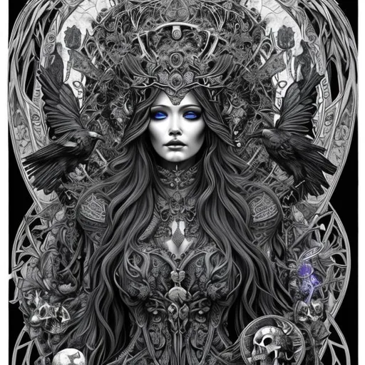 Prompt: ultra realistic coloring page goddess of death with raven face sitting on throne made out of skulls, surrounded by dark blue and red butterfly's in art nouveau plus digital art style

