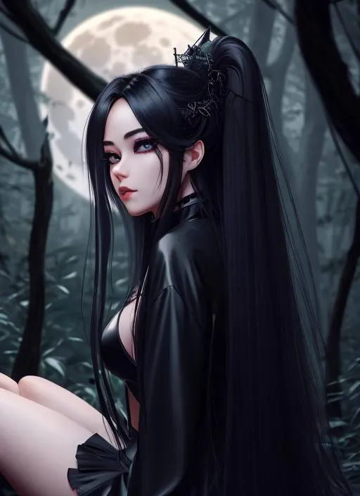 Prompt: Beautiful half-girl, half-spider creature with long hair sitting on a web in a dark forest.  she wears Seductive dark outfitt. Use a dark color palette and add a full moon in the background, Artgerm, CryEngine, Octane Render, 8k, symmetrical face, accurate anatomy ultra detailed face, very ((Masterpiece)), Generate a unique and visually stunning eye design, create an eye that is both aesthetically pleasing and distinctive. Use colors, textures, and lighting effects to create an eye design that captures the viewer's attention and imagination, Improve realism of eyes