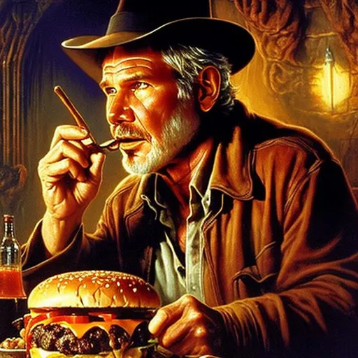 Prompt: Drew Struzan picture, Old Harrison Ford Indiana Jones eating a huge sloppy cheeseburger in a darkly lit tomb, highly detailed image, high resolution
