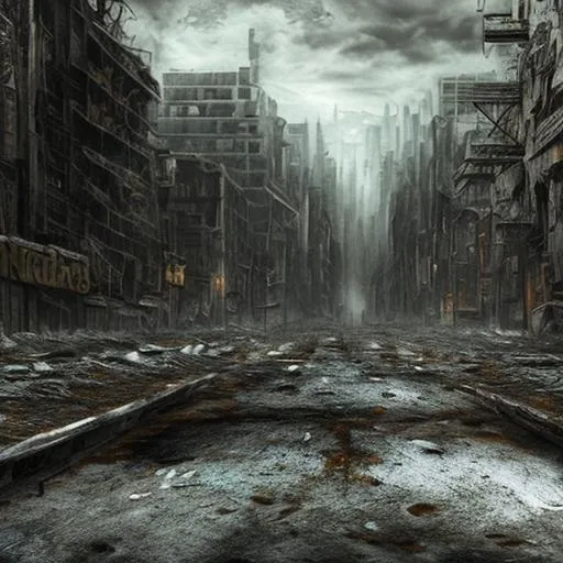 Prompt: End of the world, apocalyptic background, desolate city