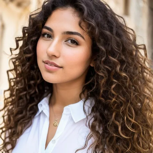 Prompt: Only Fans model, dressed with christian garment, light brown long curly hair, brown eyes, white skin tone, short girl, in Jerusalem, God fearing woman, dignity, virtuous, 