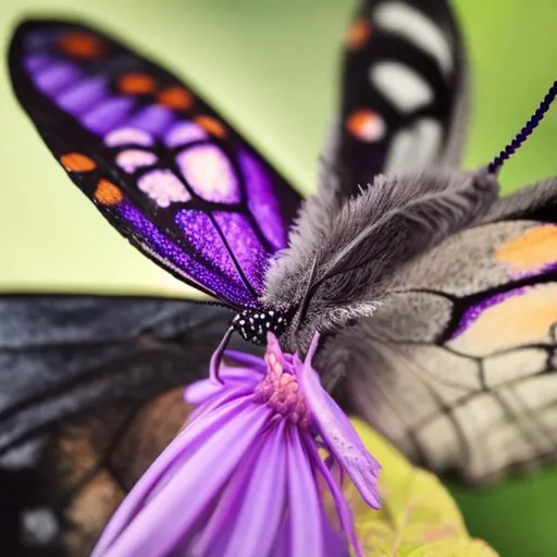 Prompt: A purple butterfly has landed on a dog's nose 