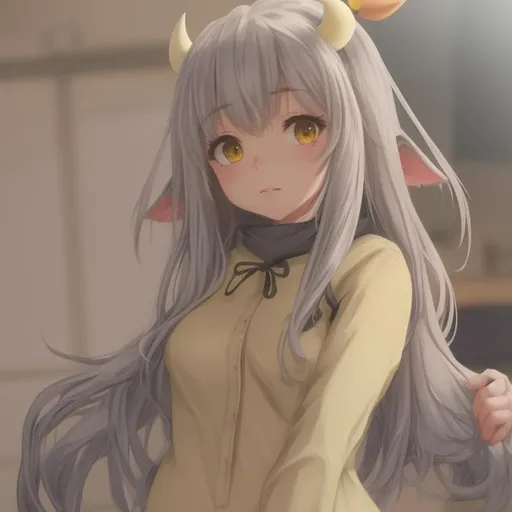 Cute Cow Girl Standing Up Yellow Clothes Grey Hai