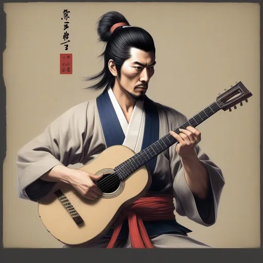 Prompt: a realistic portrait from musashi holding a guitar ins format of katana  
