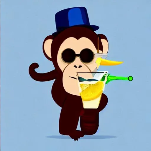 Prompt: monkey with a hat holding a drink with sunglasses
