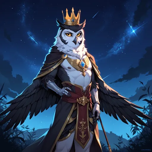 Prompt: Attractive man. Twink. Owl Features. Black feathers. Fluffy. Night sky. Crown