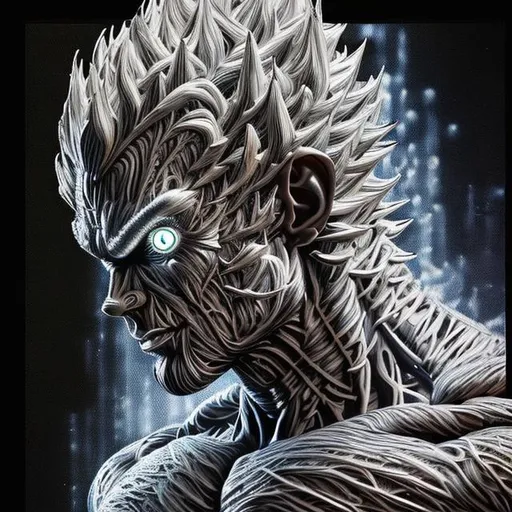 Prompt: 64K masterpiece intricate hyperdetailed breathtaking 3D glowing black oil painting medium portrait of vegeta, black trousers, intricate hyperdetailed muscular body, intricate hyperdetailed muscles, glowing white light reflection on the muscles, hyperdetailed intricate hard standing glowing hair, hyperdetailed glowing angry white eyes, detailed face, white glowing muscles, white glowing body, white glowing skin, semi-polaroid monochrome photography, hyperdetailed complex, character concept, hyperdetailed intricate glowing shining glamorous white water drop floating in the air, very angry, intricate glowing light reflection, intricate hyperdetailed glowing iridescent reflection, strong glowing white light on the hair, contrast white head light, hyperdetailed very strong black shading, very strong black muscle shadow, professional award-winning photography, maximalist photo illustration 64k, resolution High Res intricately detailed, impressionist painting, yellow color splash, illustration, key visual, panoramic, cinematic, masterfully crafted, 8k resolution, stunning, ultra detailed, expressive, hypermaximalist, UHD, HDR, UHD render, 3D render, 64K, hyperdetailed intricate watercolor mix oil painting on the body, Toriyama Akira colored