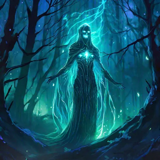 Prompt: A fantasy translucent Banshee that is glowing, in a haunted forest surrounded by death, beneath the stars, bioluminescent, highres, best quality, concept art