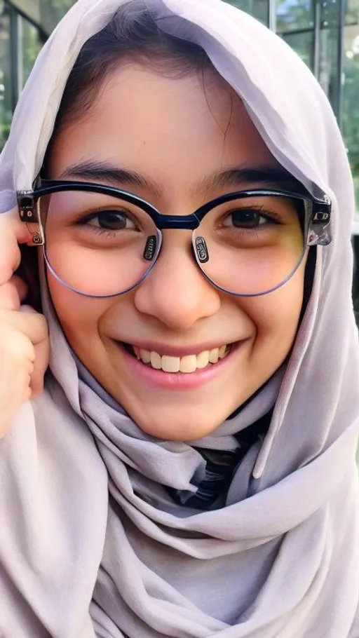 Prompt: ultrarealistic photo of australian girl covered by long hijab, smiled faintly, wearing eyeglasses, holding iPhone with two hands