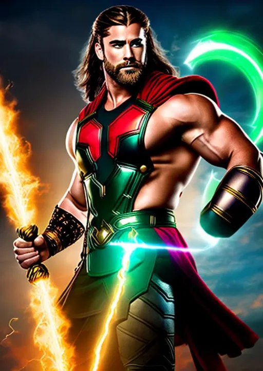 Prompt: High-resolution hyperrealistic photo of marvel's demigod {{hercules}} merged with thor, undercut mullet hair, holding mjolnir, green and red and black and gold revealing costume, uhd, hdr, 64k