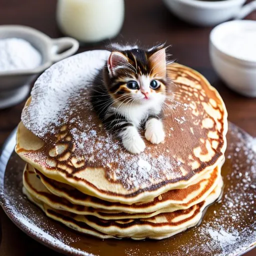 Prompt: on top of the pancake is a cute kitten, sprinkled thickly with powdered sugar