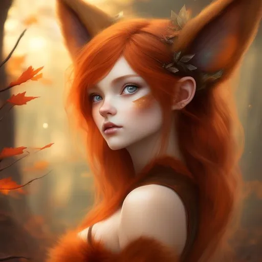 Prompt: Autumn fairy with coppery red hair and furry small foxy ears. Female human face, beautiful simetric face, eyes color amber, the female wearing a deep red dress, realistic, fantasy art, oval shaped face with less redness on the face